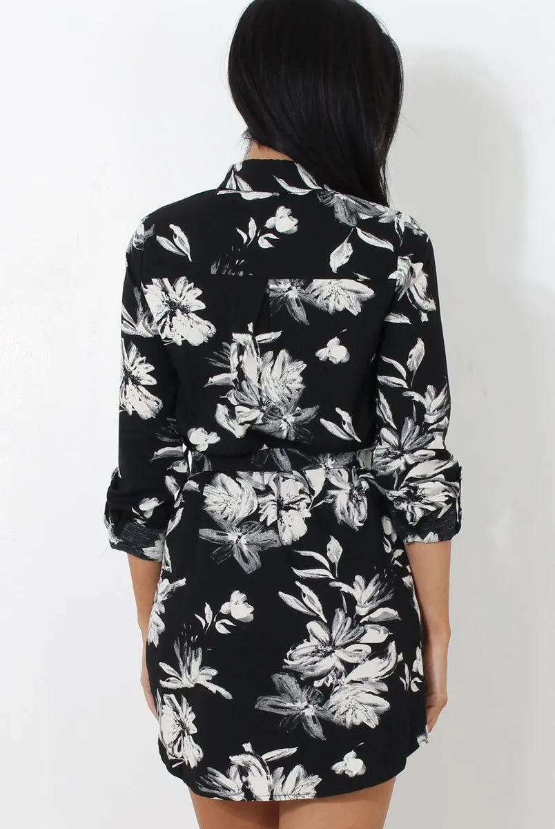 Black Floral Print Shirt Dress - CLAIR