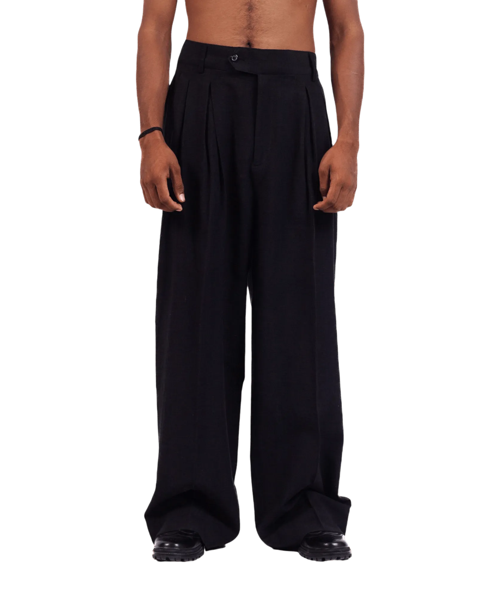 BLACK KHADDAR DOUBLE-PLEATED TROUSERS