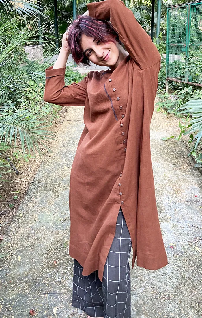 Cinnamon Kurta with Grey Checked Pants