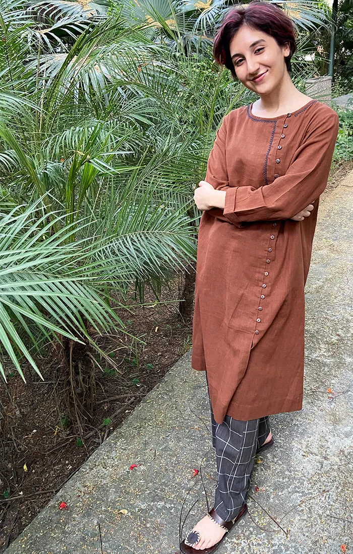 Cinnamon Kurta with Grey Checked Pants