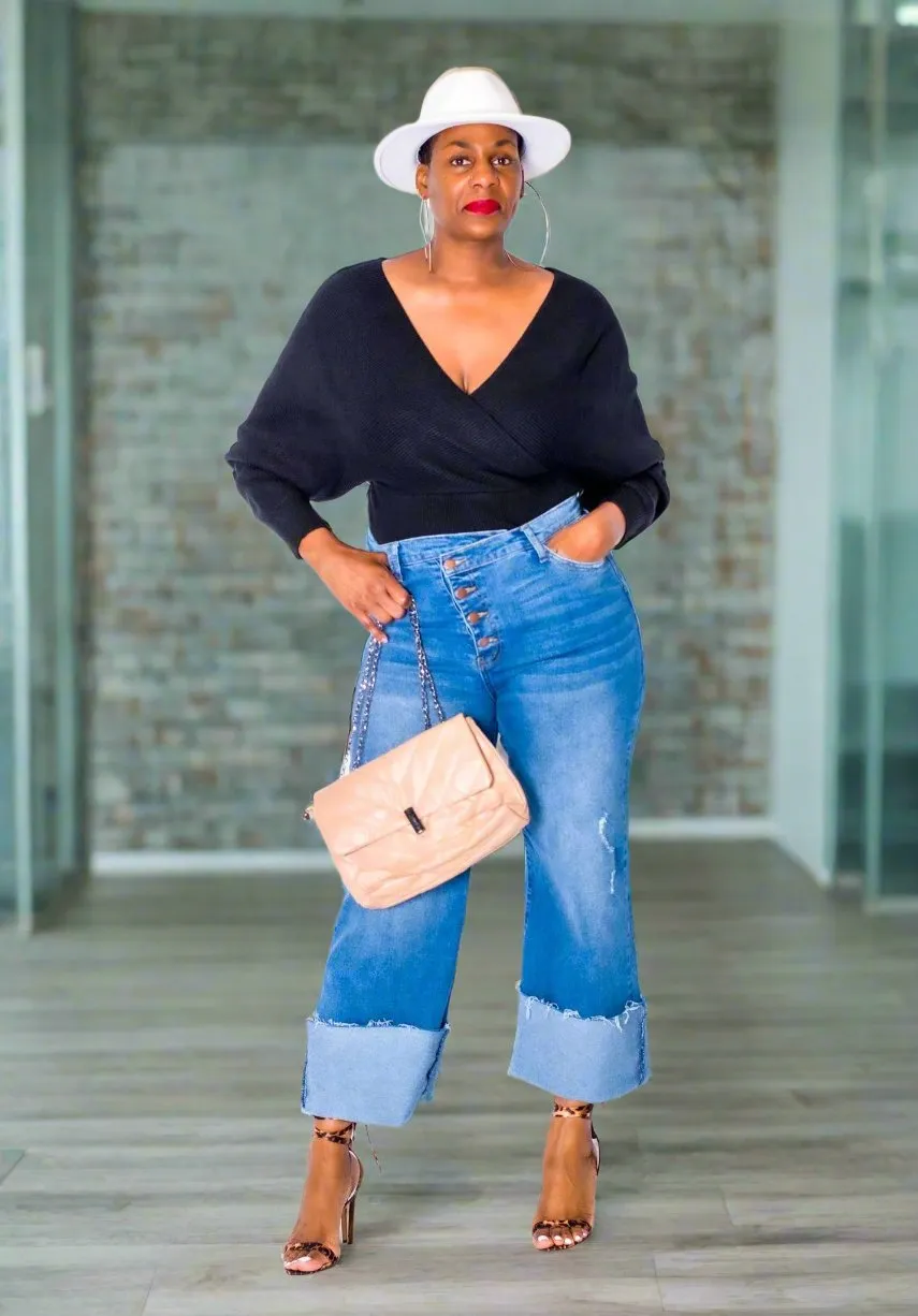 Crossover Waistline Wide Leg Jeans