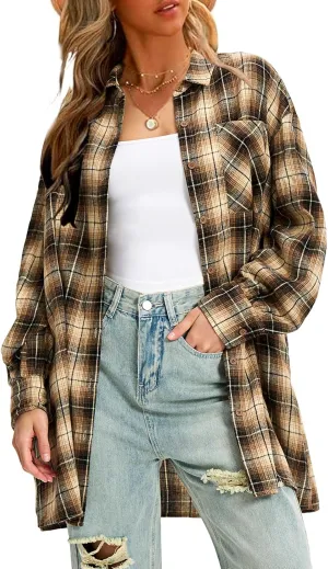 EXLURA Womens Plaid Flannel Shacket Long Sleeve Button Down Shirts Long Jackets Oversized Spring Fashion Outfits 2025 Clothes