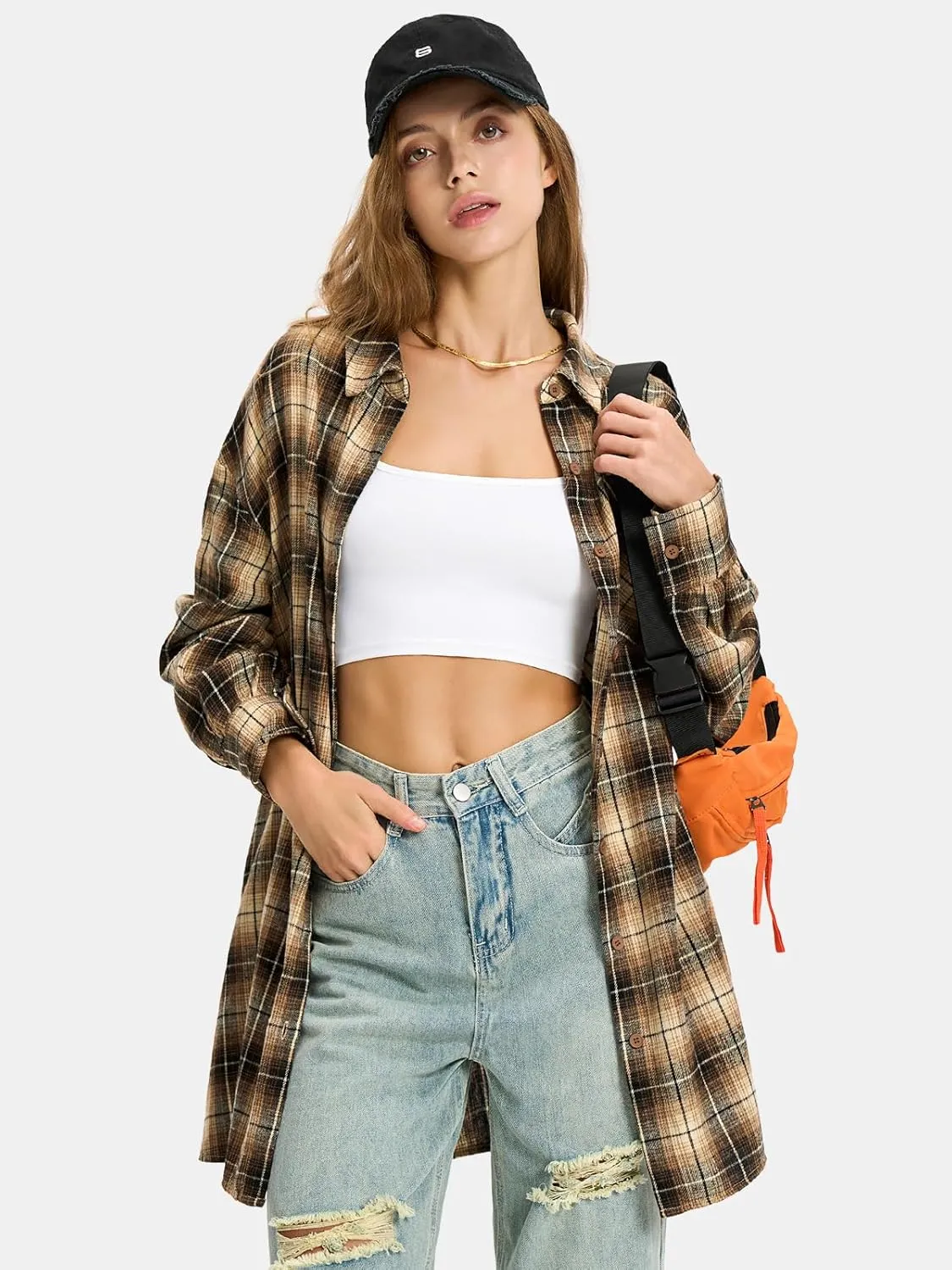 EXLURA Womens Plaid Flannel Shacket Long Sleeve Button Down Shirts Long Jackets Oversized Spring Fashion Outfits 2025 Clothes