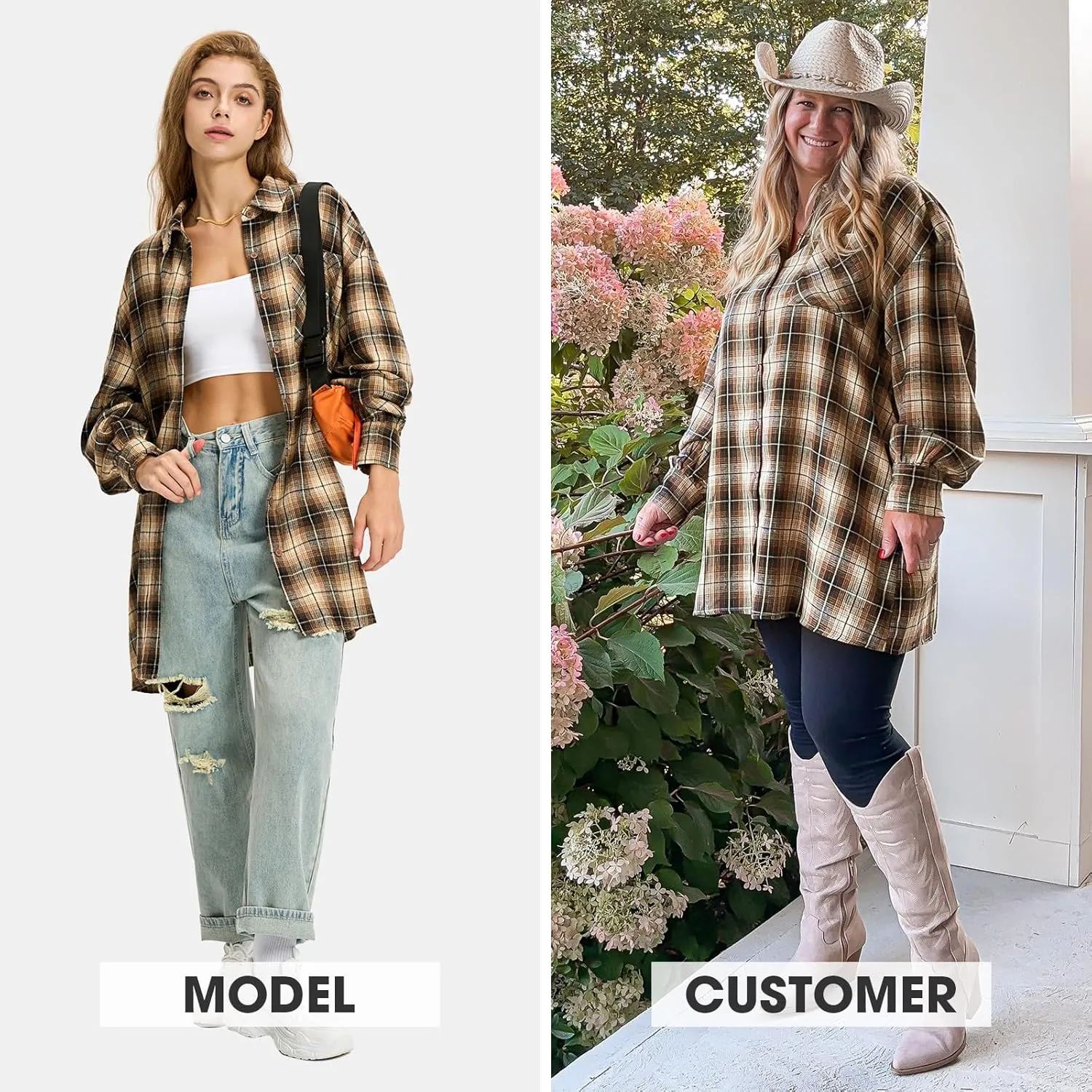 EXLURA Womens Plaid Flannel Shacket Long Sleeve Button Down Shirts Long Jackets Oversized Spring Fashion Outfits 2025 Clothes