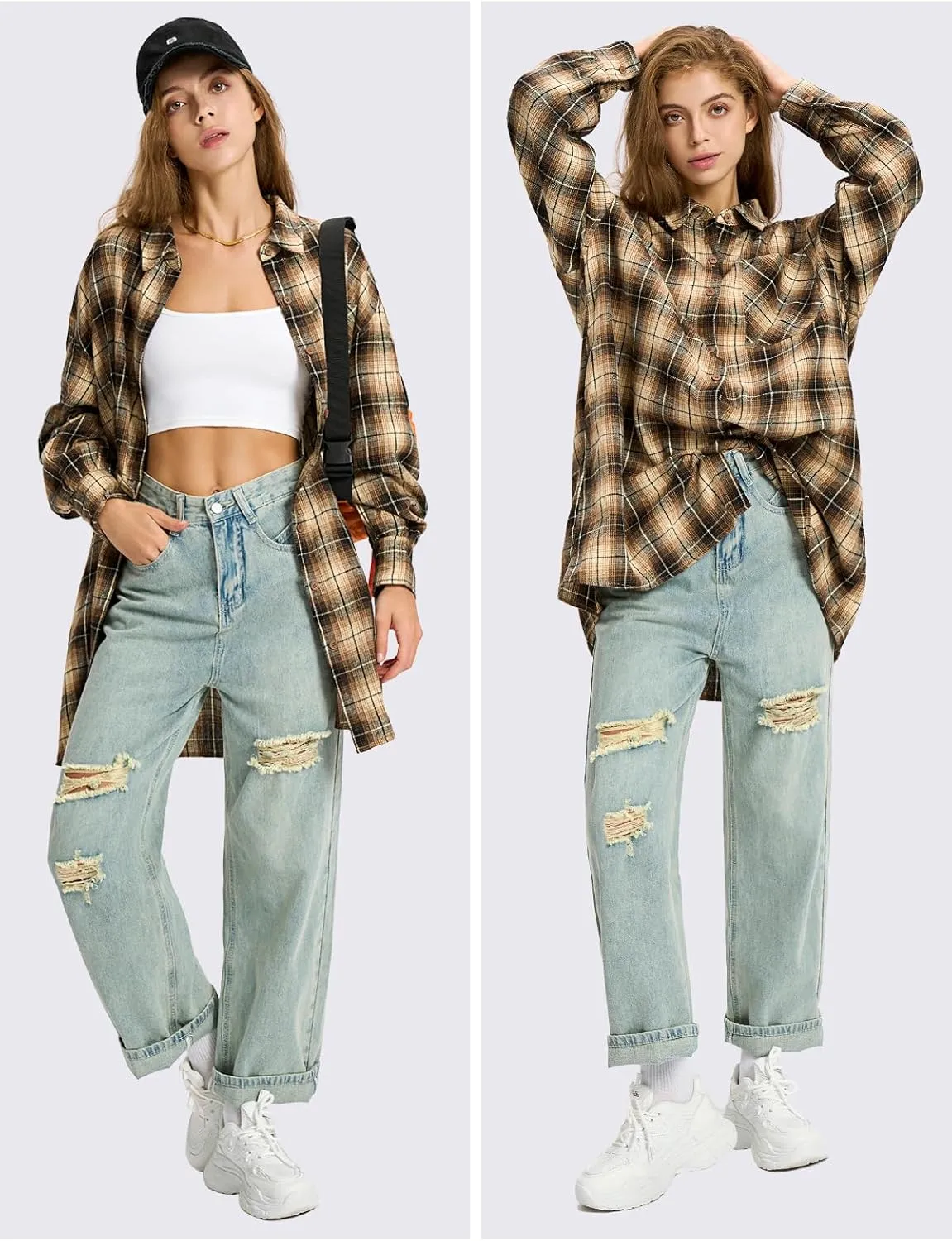 EXLURA Womens Plaid Flannel Shacket Long Sleeve Button Down Shirts Long Jackets Oversized Spring Fashion Outfits 2025 Clothes
