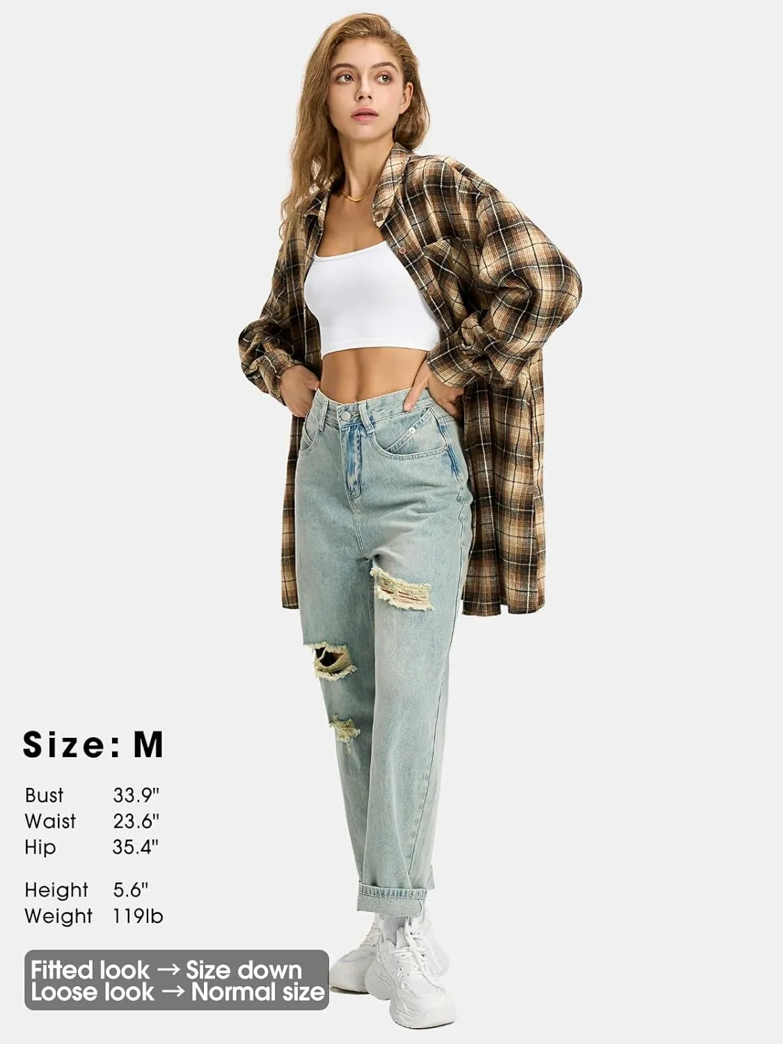EXLURA Womens Plaid Flannel Shacket Long Sleeve Button Down Shirts Long Jackets Oversized Spring Fashion Outfits 2025 Clothes
