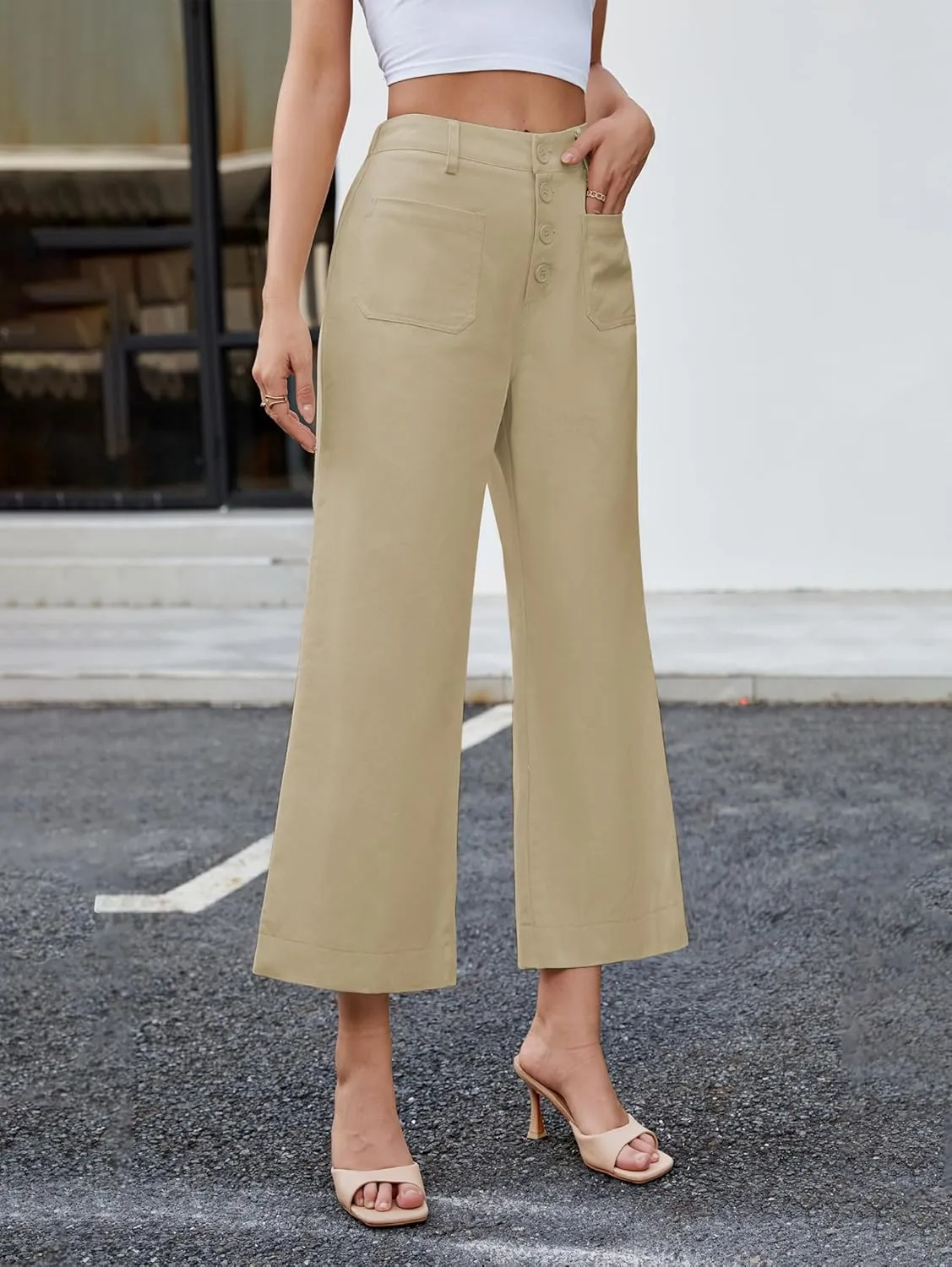 Famulily Womens Button Down Wide Leg High Elastic Waisted Capri Pants Casual Dressy Cropped Pants with Patch Pockets