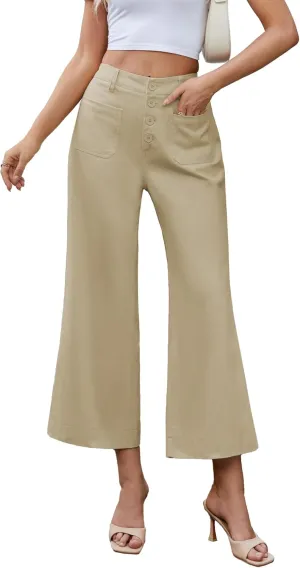 Famulily Womens Button Down Wide Leg High Elastic Waisted Capri Pants Casual Dressy Cropped Pants with Patch Pockets