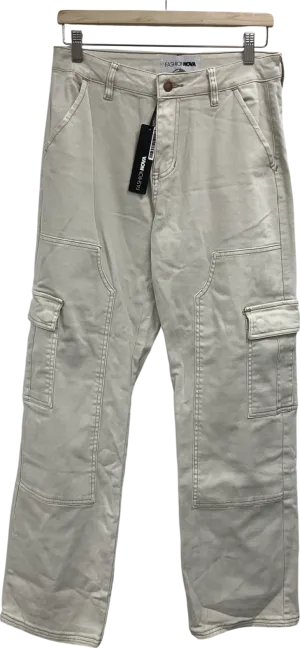 Fashion Nova Cream Patrica Wide Leg Cargo Trousers UK S