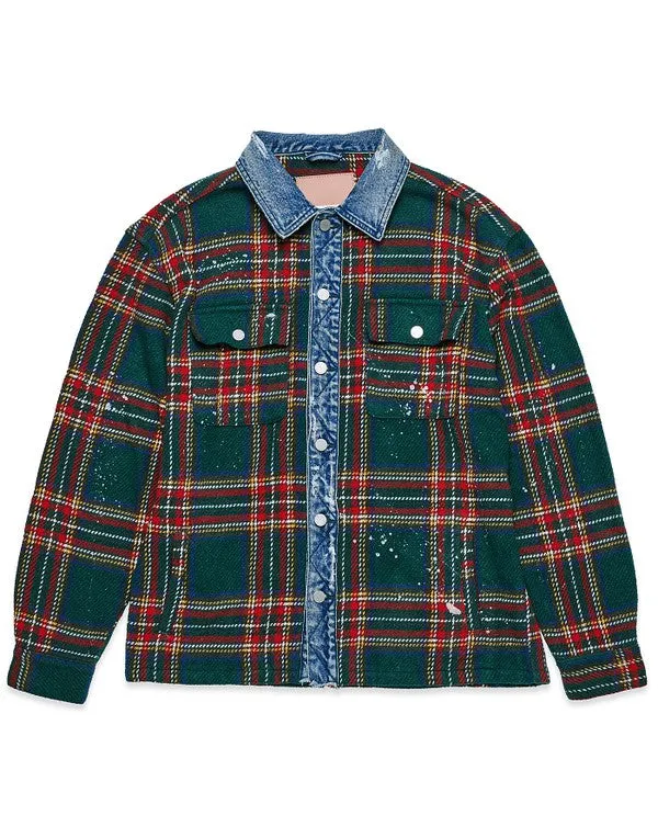 Green Flannel Shacket for Men & Women (with Denim Contrast)