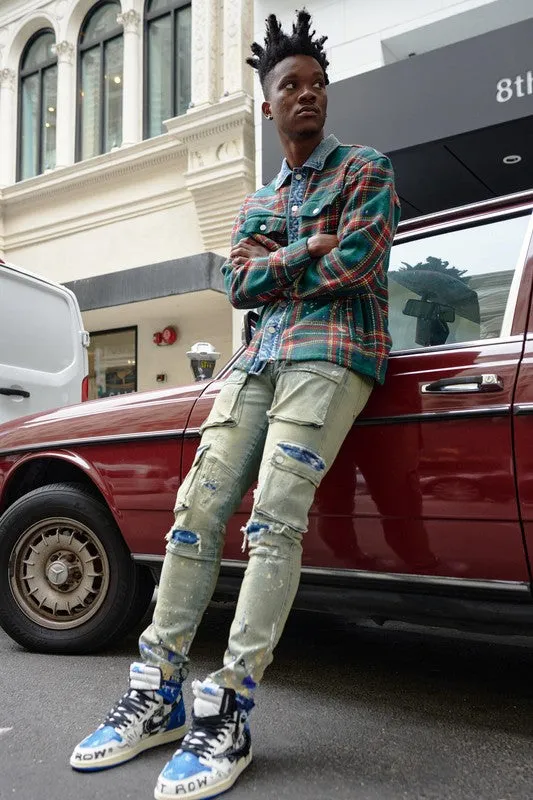Green Flannel Shacket for Men & Women (with Denim Contrast)