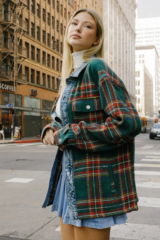 Green Flannel Shacket for Men & Women (with Denim Contrast)