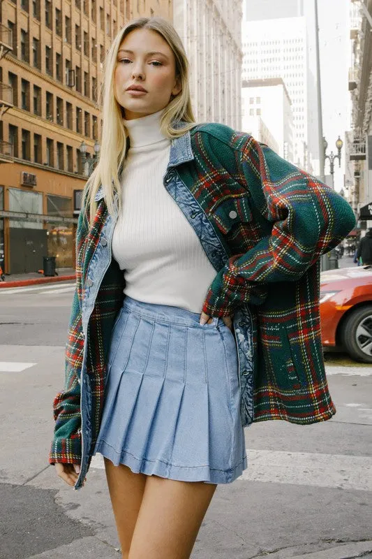 Green Flannel Shacket for Men & Women (with Denim Contrast)