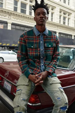 Green Flannel Shacket for Men & Women (with Denim Contrast)