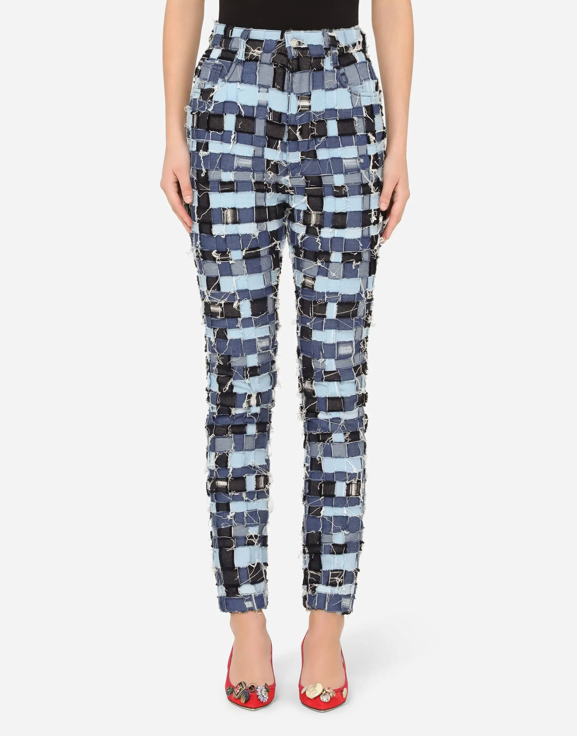 High-Waisted Patchwork Denim Jeans