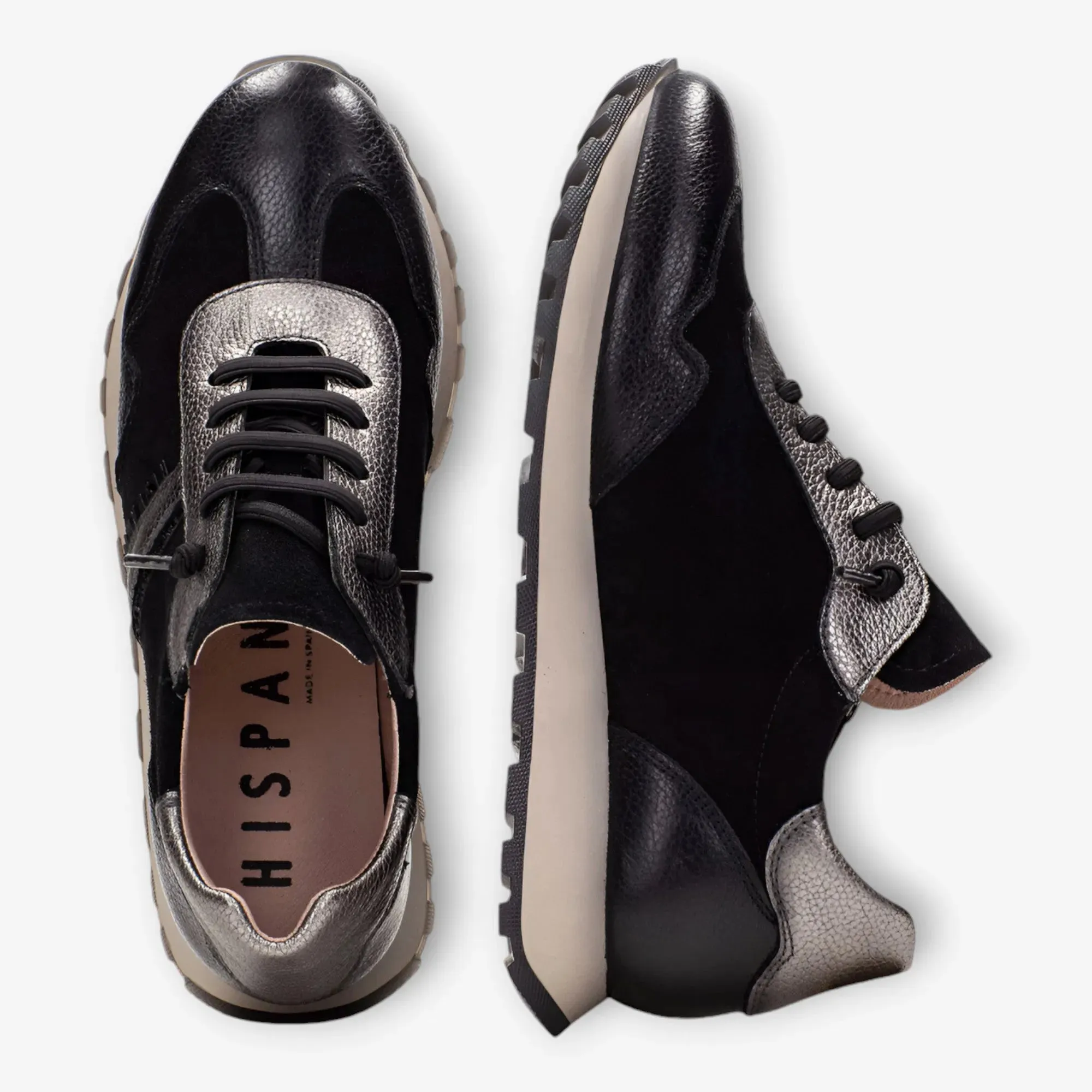 Hispanitas Runner Loira Black Suede with Pewter Accents and Bungee Laces