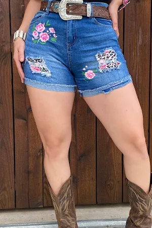 J505 Blue denim shorts w/ floral patches