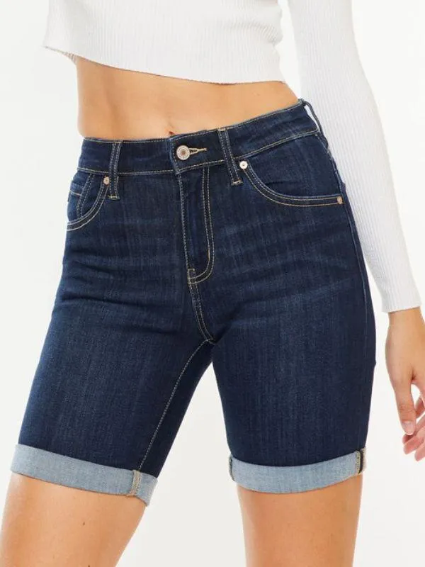 Kancan Mid-Rise Fold Hem Dark Bermuda Shorts