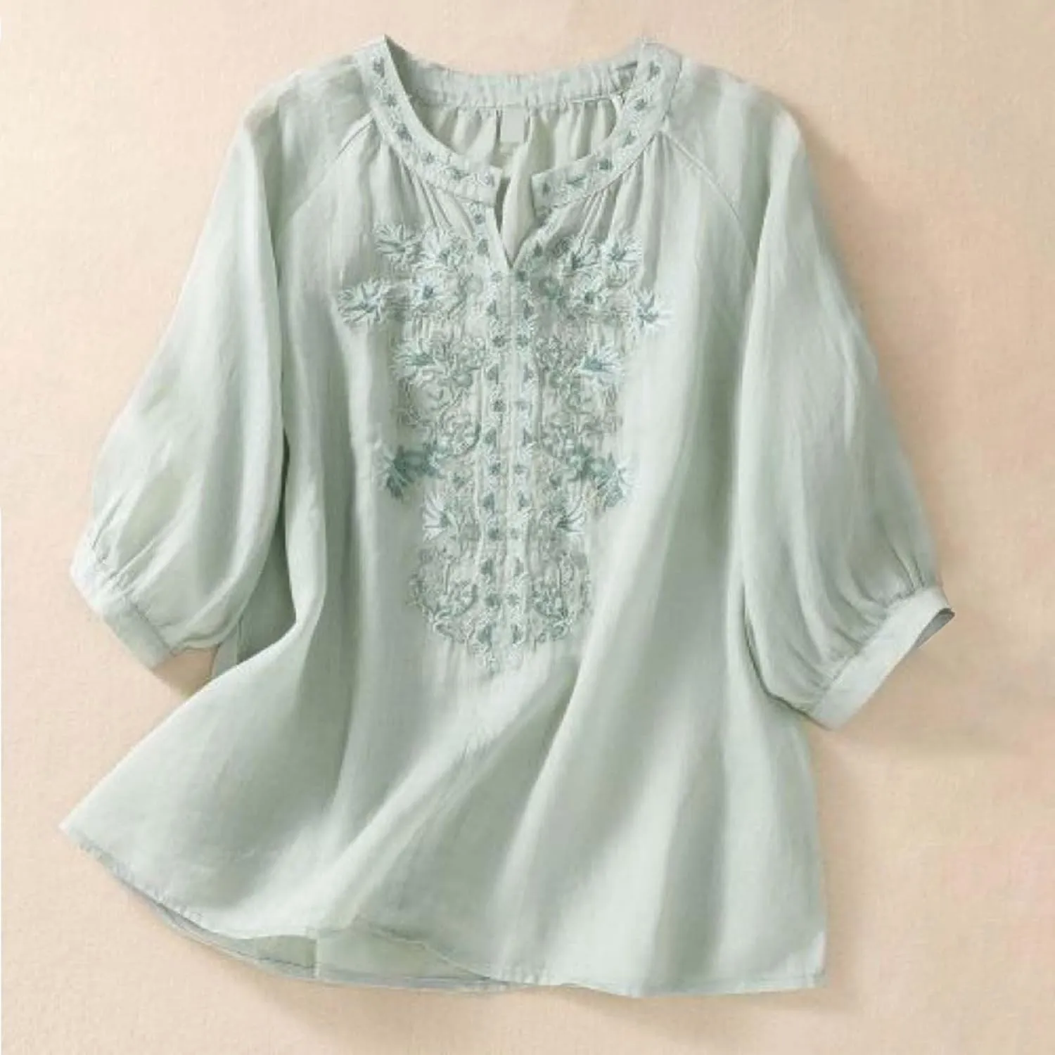Ladies Fashion Leisure Spring Summer Literary Retro Loose Design Sense Embroidery Round Neck Thin Mesh Shirt Long