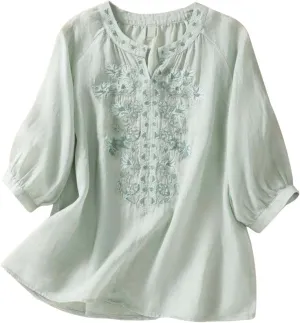 Ladies Fashion Leisure Spring Summer Literary Retro Loose Design Sense Embroidery Round Neck Thin Mesh Shirt Long