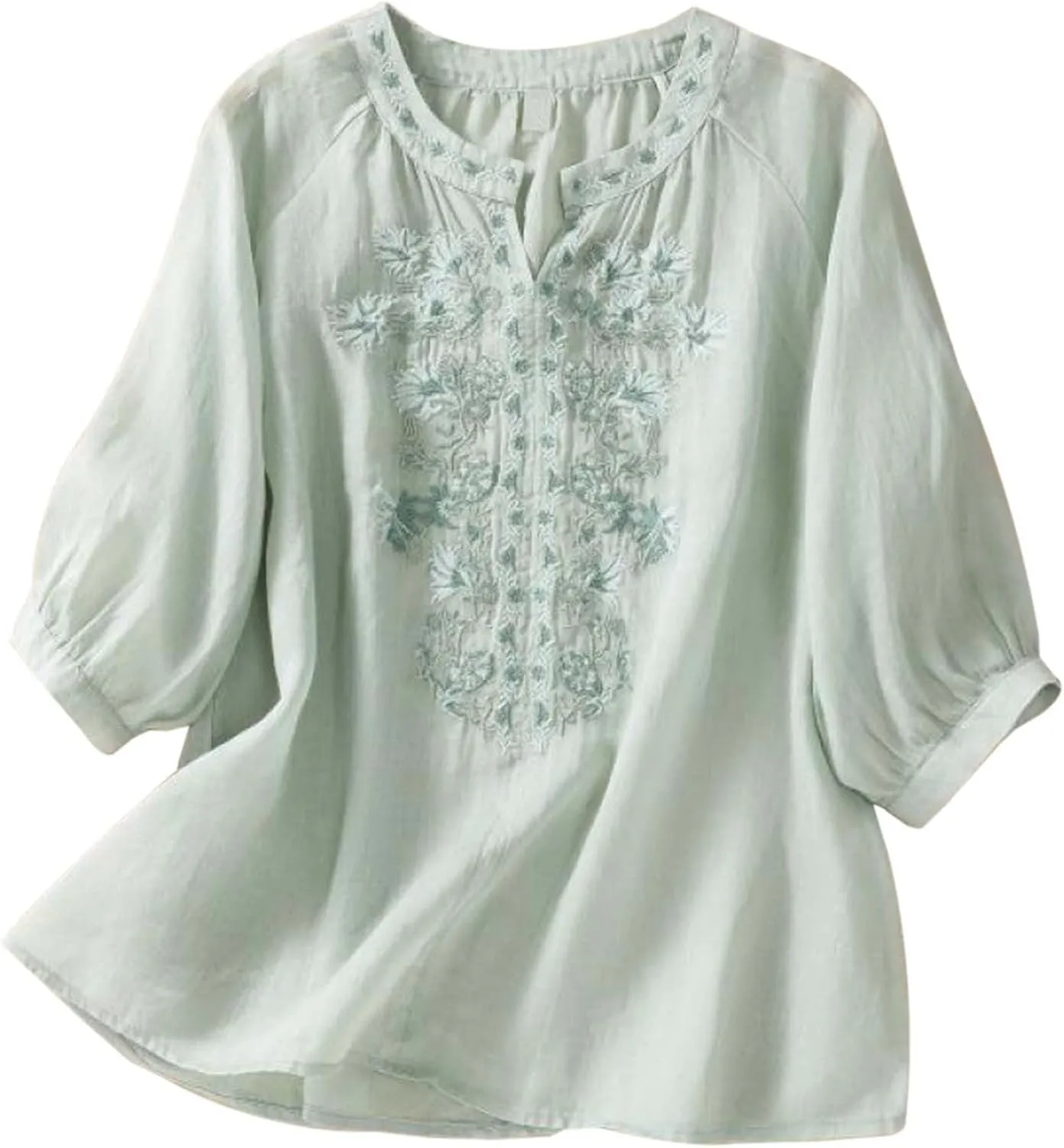 Ladies Fashion Leisure Spring Summer Literary Retro Loose Design Sense Embroidery Round Neck Thin Mesh Shirt Long