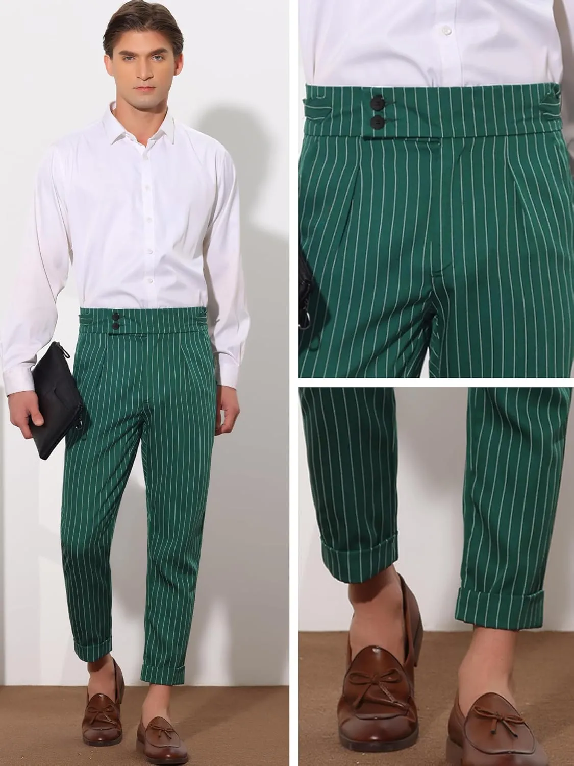 Lars Amadeus Striped Dress Pants for Men's Pleated Front Business Tapered Cropped Trousers