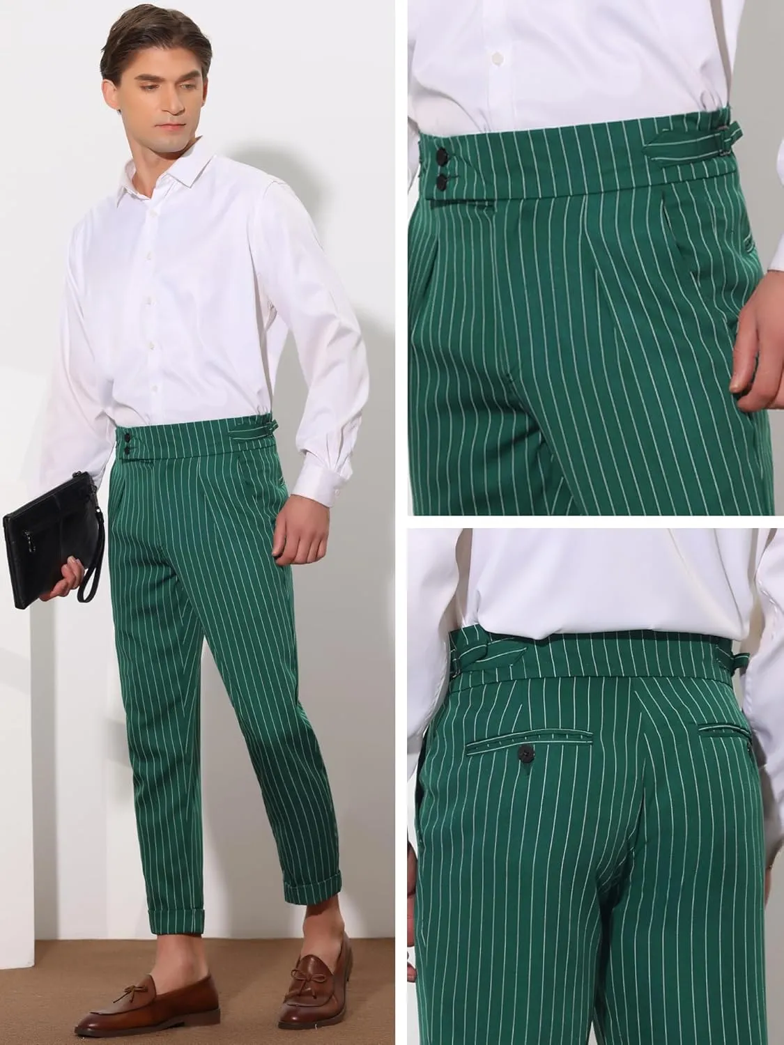 Lars Amadeus Striped Dress Pants for Men's Pleated Front Business Tapered Cropped Trousers