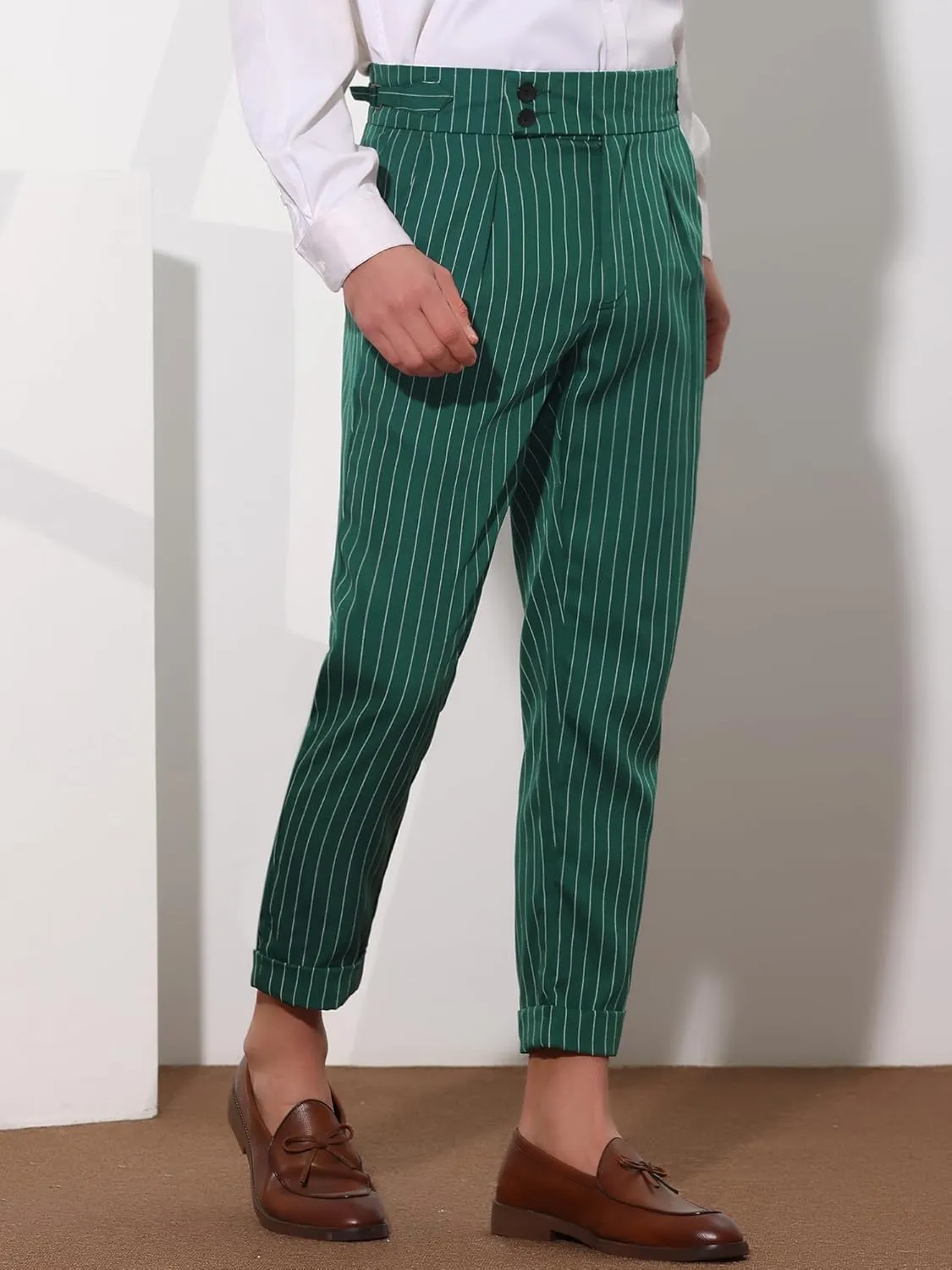 Lars Amadeus Striped Dress Pants for Men's Pleated Front Business Tapered Cropped Trousers
