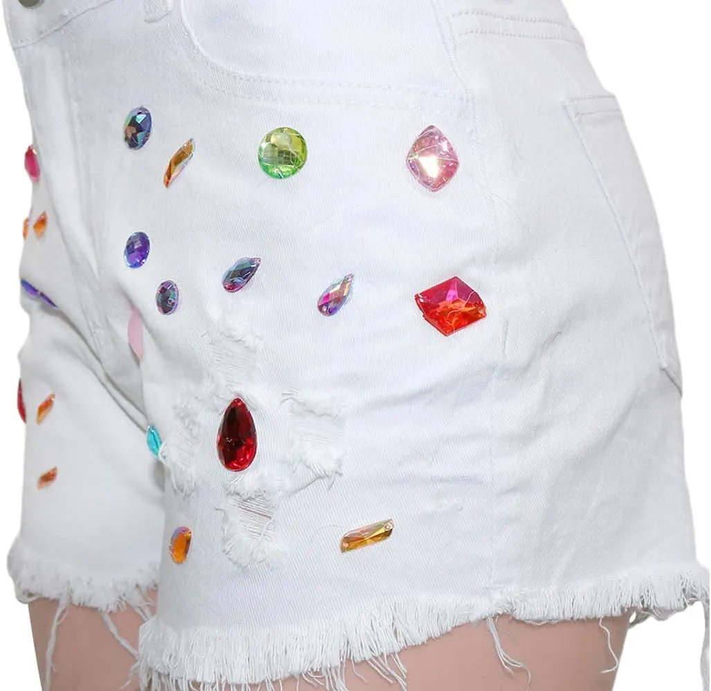 Snoly Women's Shorts Colored Rhinestone Sexy Summer High Waist Fringe Tassel Frayed Ripped Denim Jean Shorts