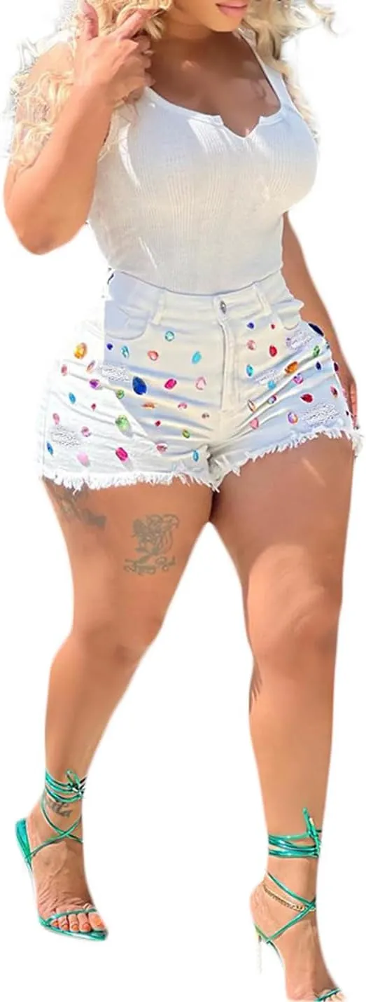 Snoly Women's Shorts Colored Rhinestone Sexy Summer High Waist Fringe Tassel Frayed Ripped Denim Jean Shorts