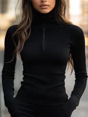 Sophisticated Black Ribbed Turtleneck Top with Zipper Detail