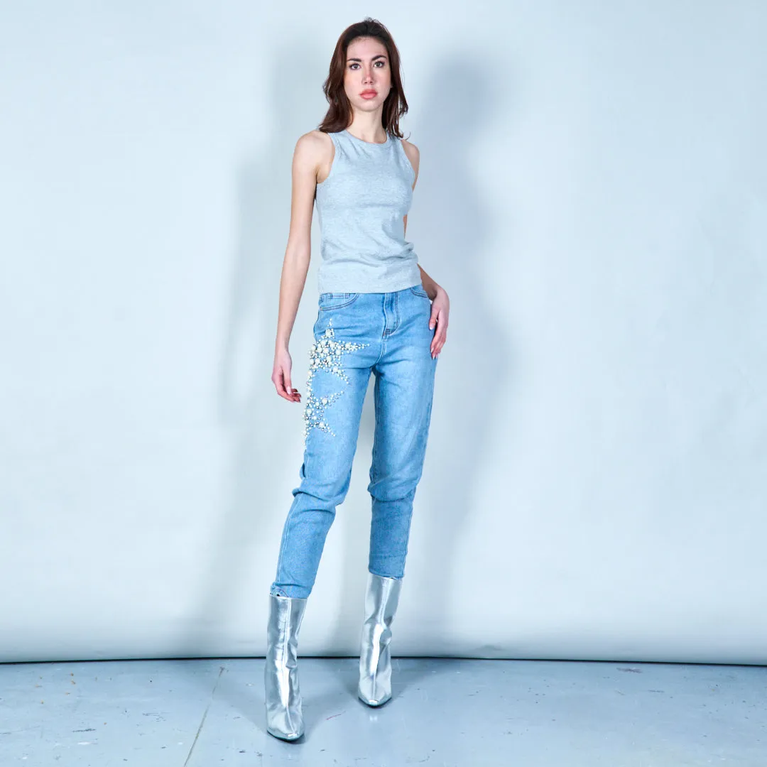 Star-embellished pearl denim jeans wholesale