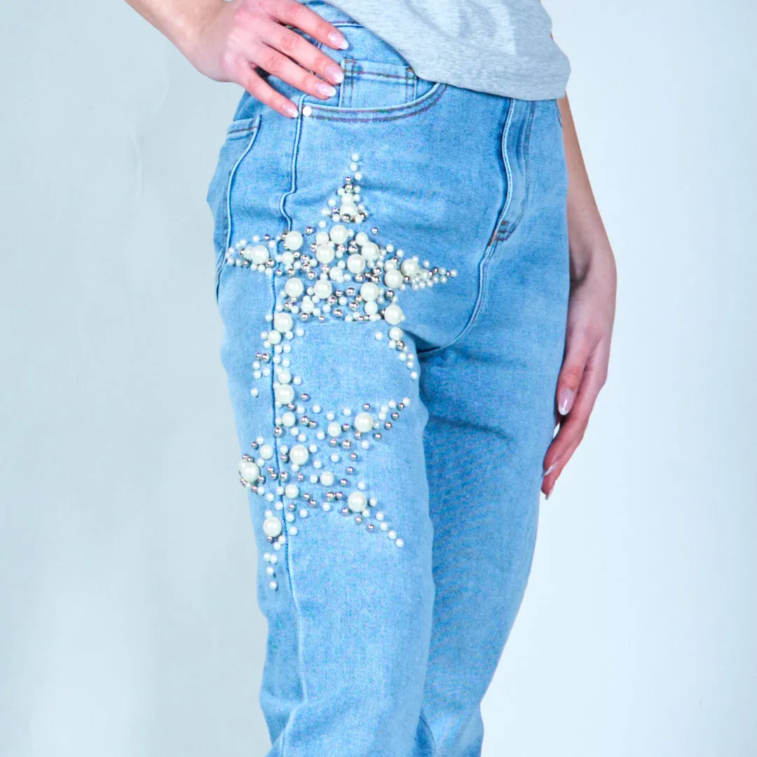 Star-embellished pearl denim jeans wholesale