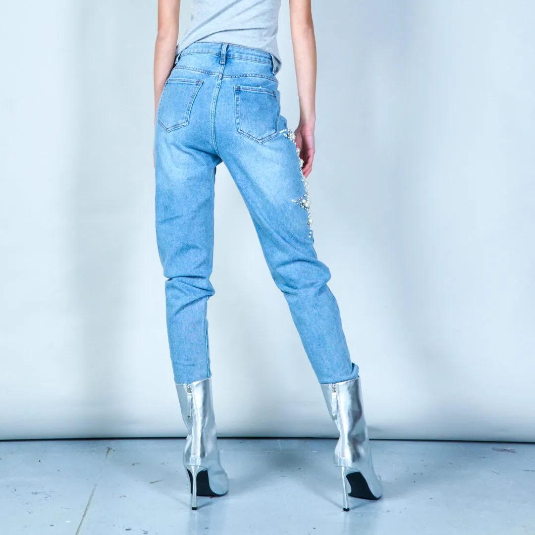 Star-embellished pearl denim jeans wholesale