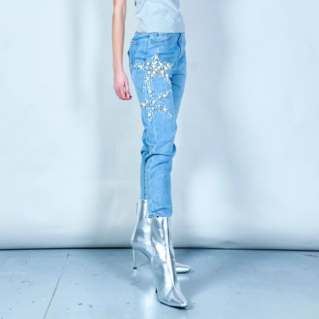 Star-embellished pearl denim jeans wholesale