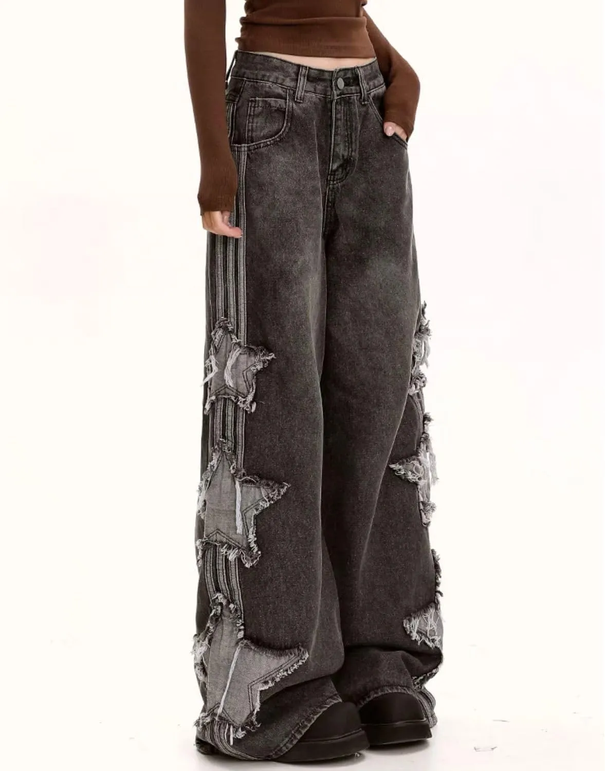 Star Jeans for Women Girls Baggy Cute Patchwork Denim Pants Y2k High Waisted Jeans Grunge Aesthetic Clothes