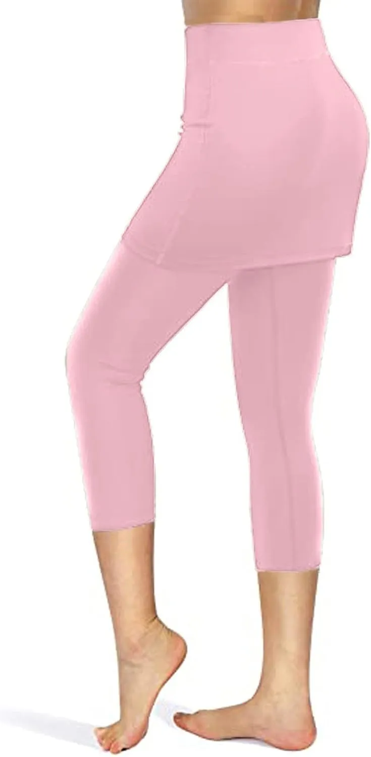 Tennis Skirt With Leggings For Women with Pockets Active Sport Running Skort Pants Slim Fit Workout Capri Trousers