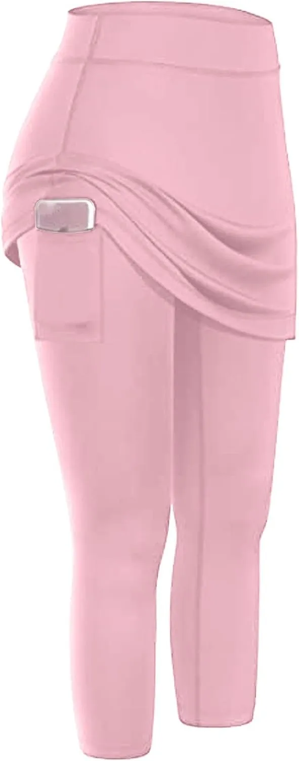 Tennis Skirt With Leggings For Women with Pockets Active Sport Running Skort Pants Slim Fit Workout Capri Trousers