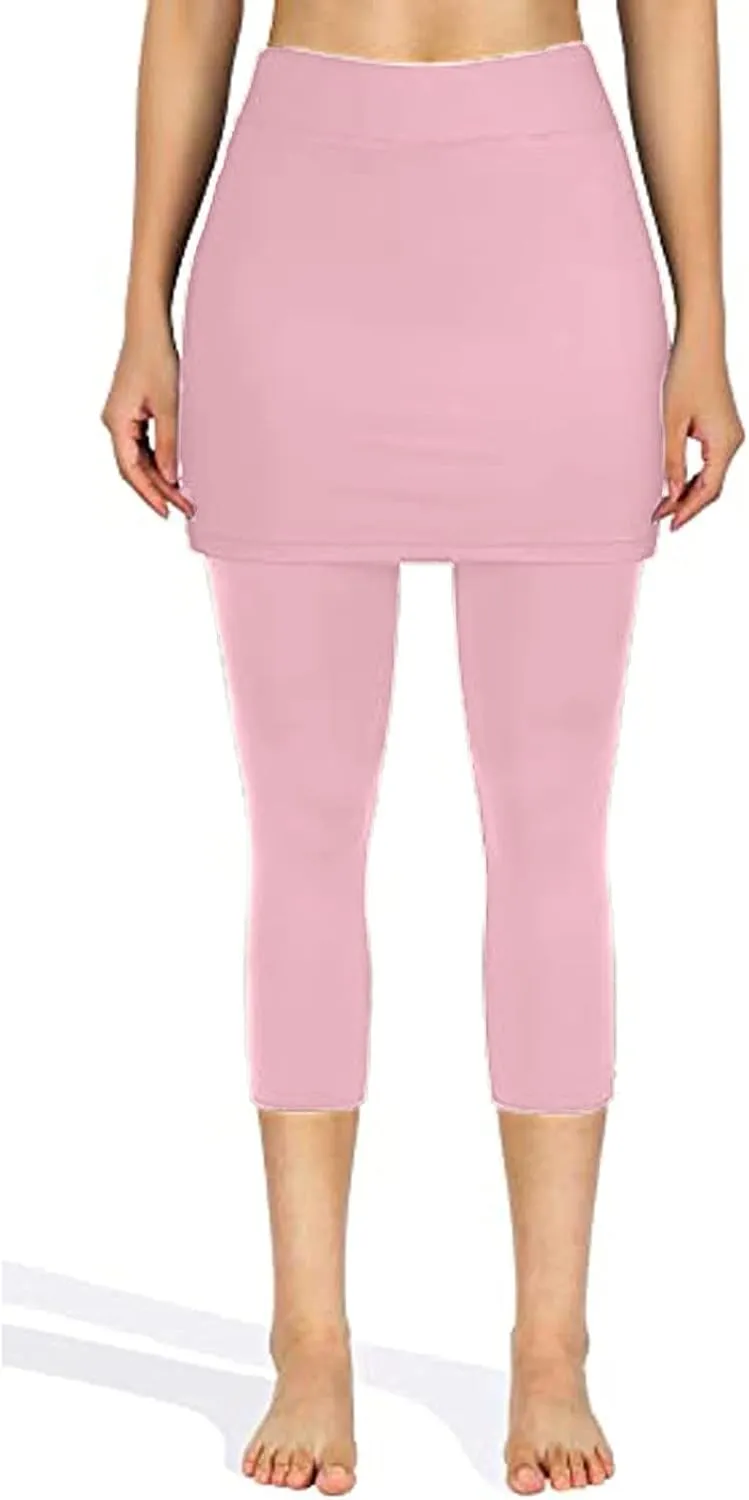 Tennis Skirt With Leggings For Women with Pockets Active Sport Running Skort Pants Slim Fit Workout Capri Trousers