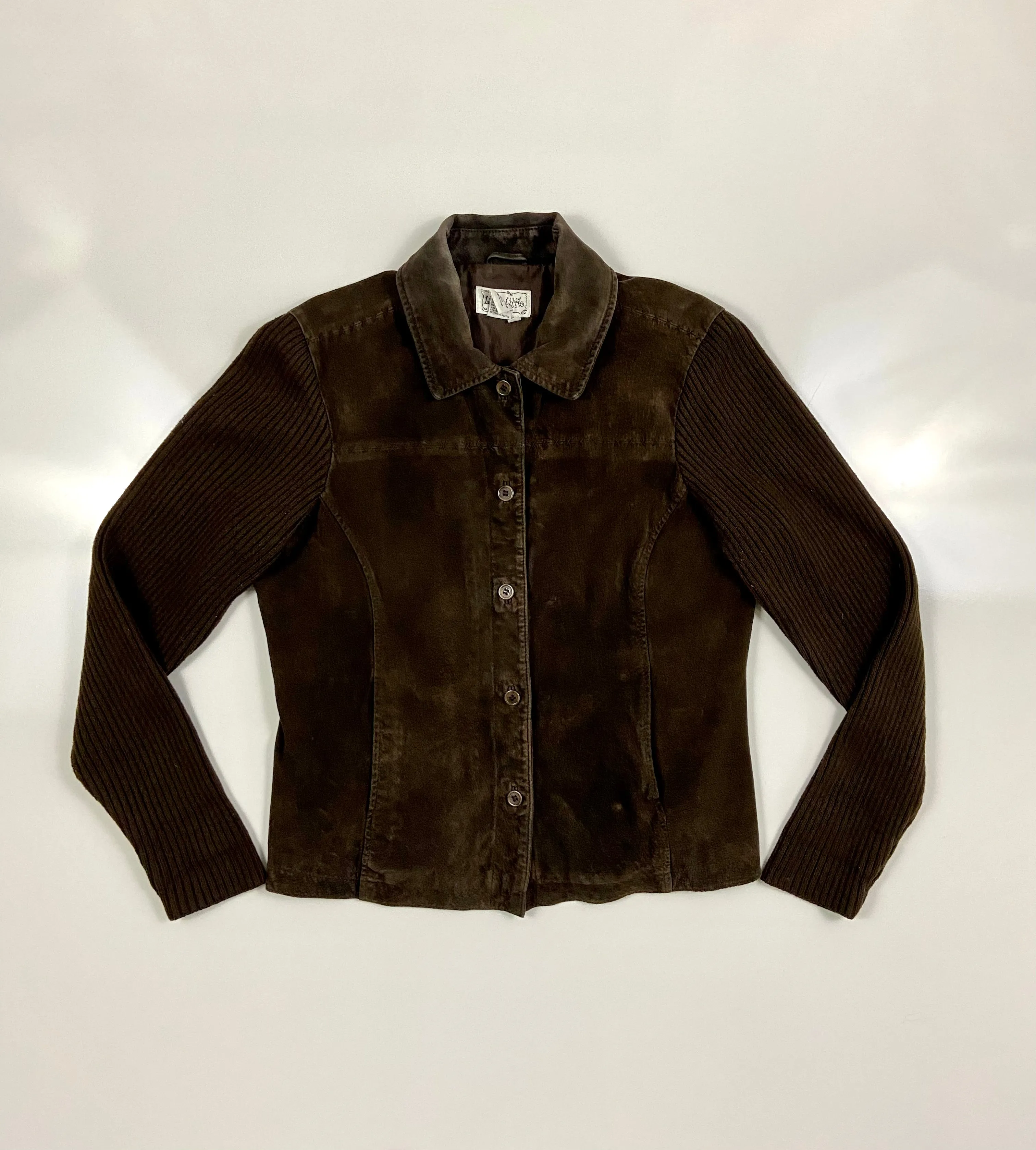 Vintage Live a Little Brown suede Leather
Shell Knit Sleeve Collared Jacket