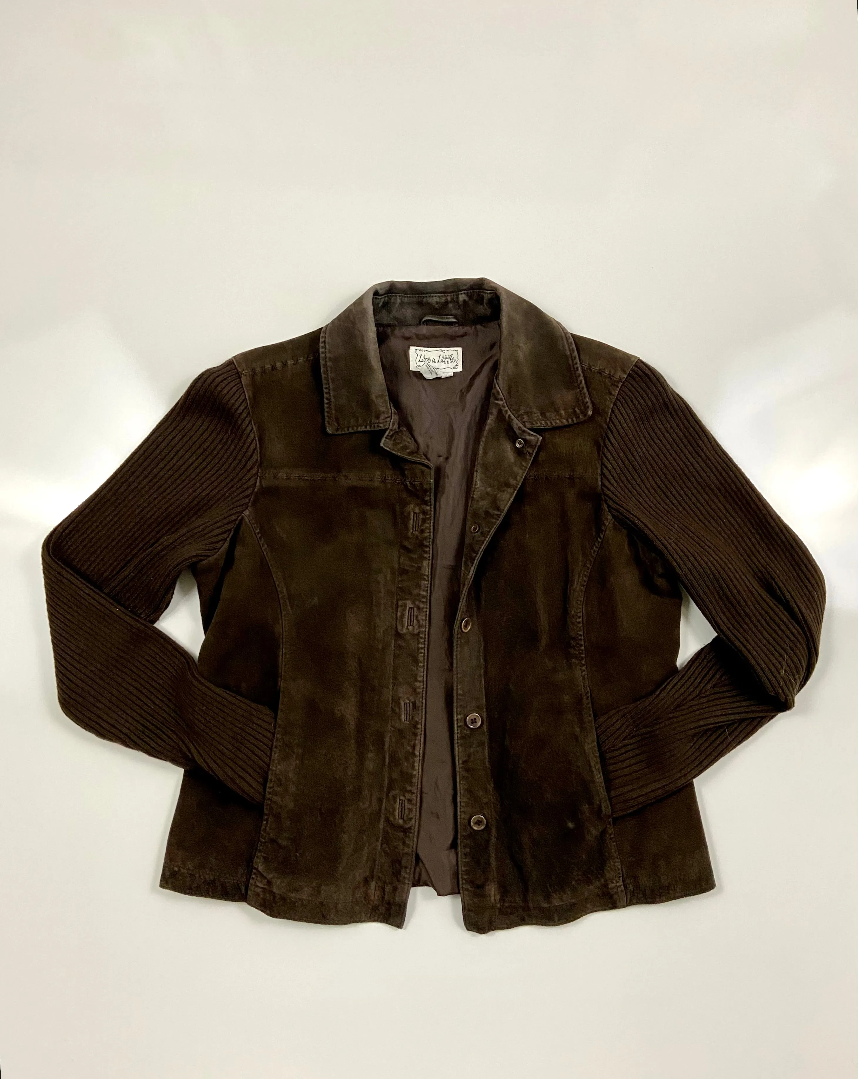Vintage Live a Little Brown suede Leather
Shell Knit Sleeve Collared Jacket