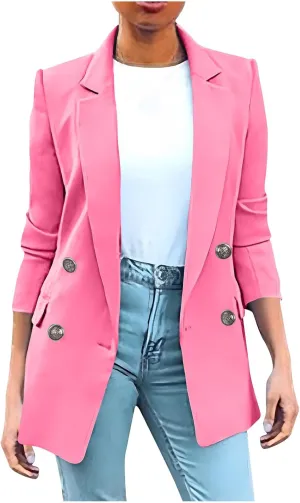 Wkishenl Blazers for Women Casual Long Sleeve Lapel Blazer Jackets Solid Button Open Front Jacket Plus Size Business Coats