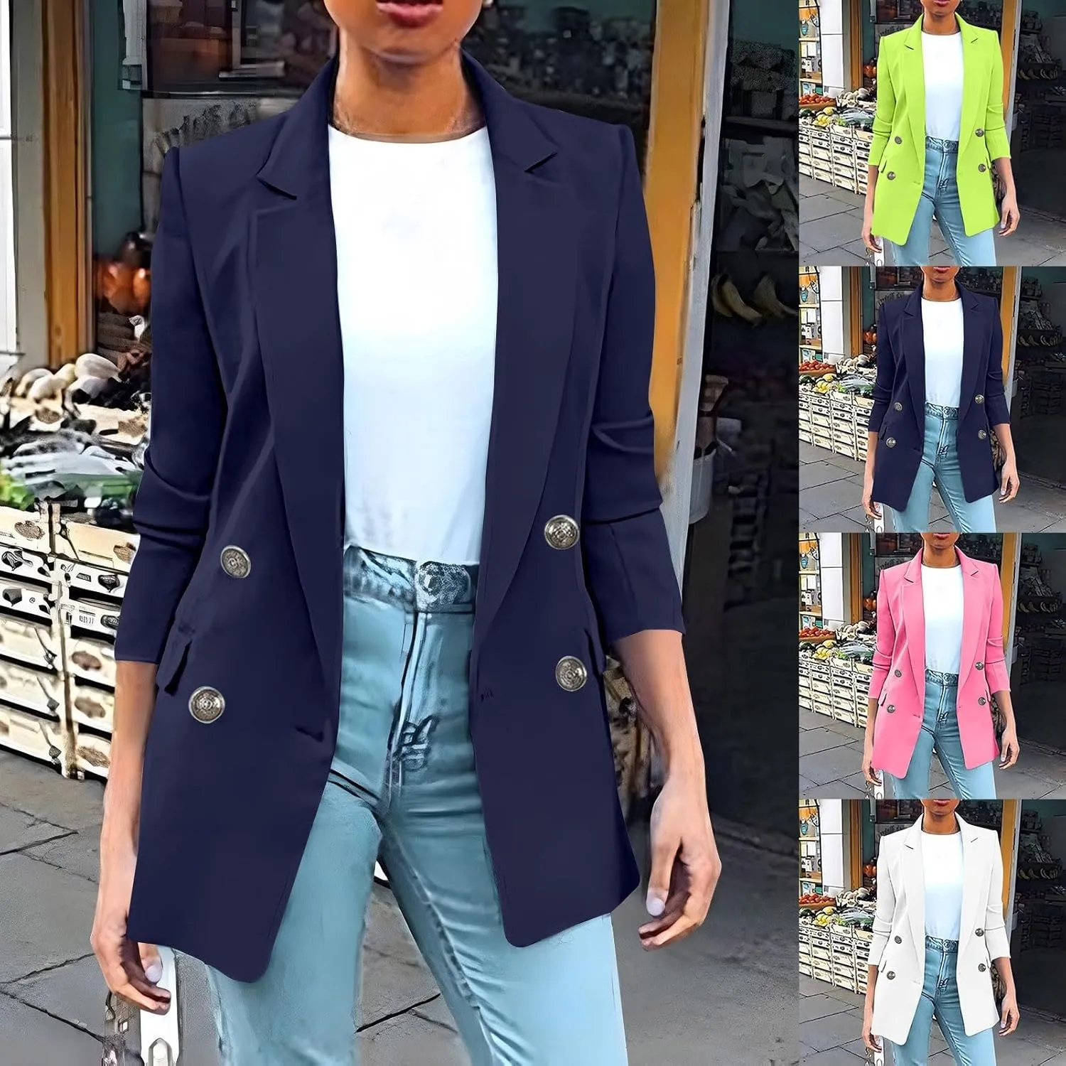 Wkishenl Blazers for Women Casual Long Sleeve Lapel Blazer Jackets Solid Button Open Front Jacket Plus Size Business Coats