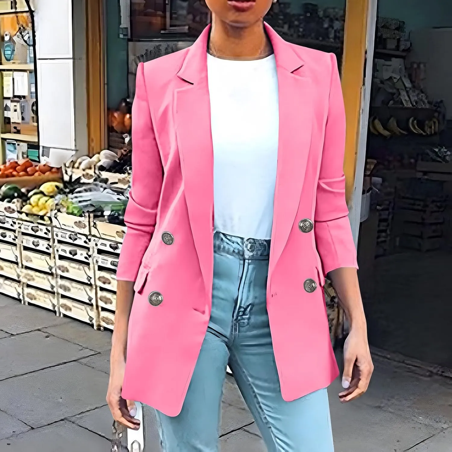 Wkishenl Blazers for Women Casual Long Sleeve Lapel Blazer Jackets Solid Button Open Front Jacket Plus Size Business Coats