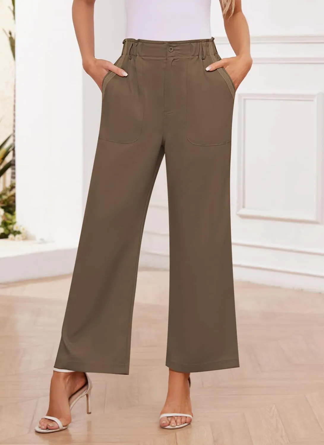 Women's Brown High Waisted Wide Leg Dress Pants - Casual Palazzo Trousers - Medium