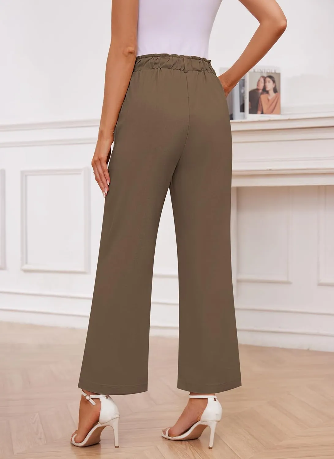 Women's Brown High Waisted Wide Leg Dress Pants - Casual Palazzo Trousers - Medium