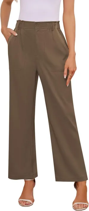 Women's Brown High Waisted Wide Leg Dress Pants - Casual Palazzo Trousers - Medium