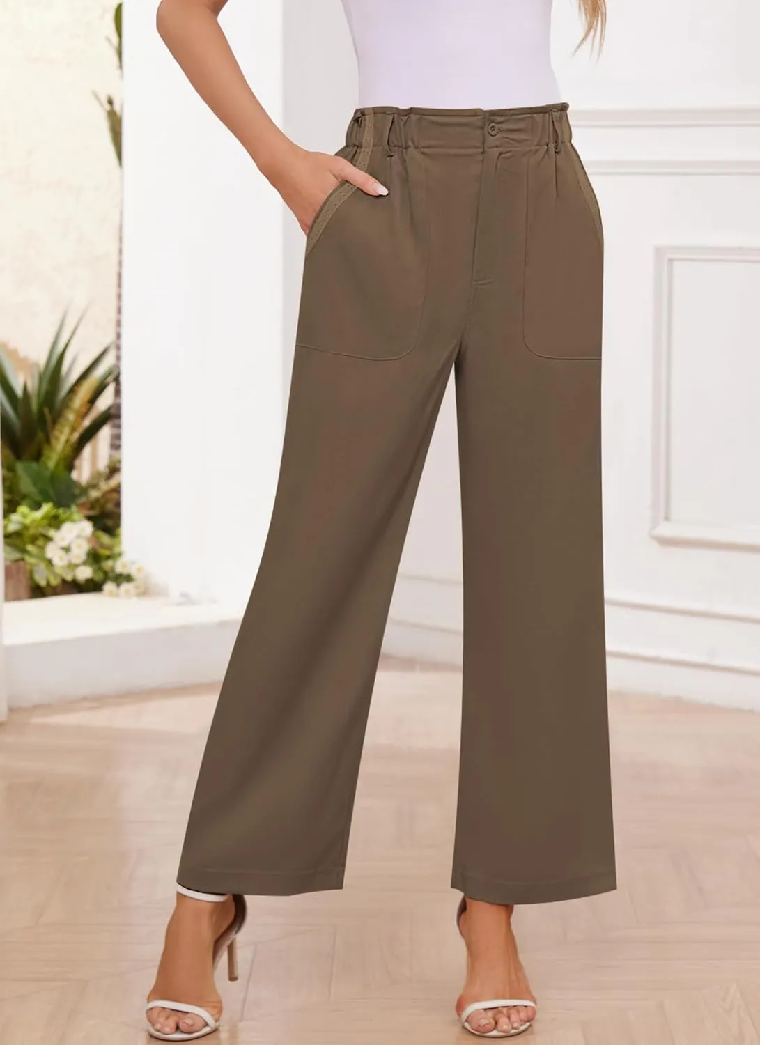 Women's Brown High Waisted Wide Leg Dress Pants - Casual Palazzo Trousers - Medium