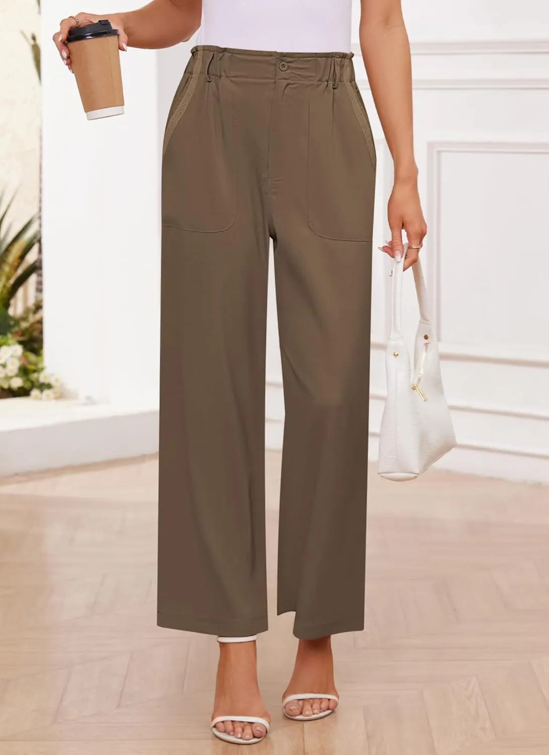 Women's Brown High Waisted Wide Leg Dress Pants - Casual Palazzo Trousers - Medium