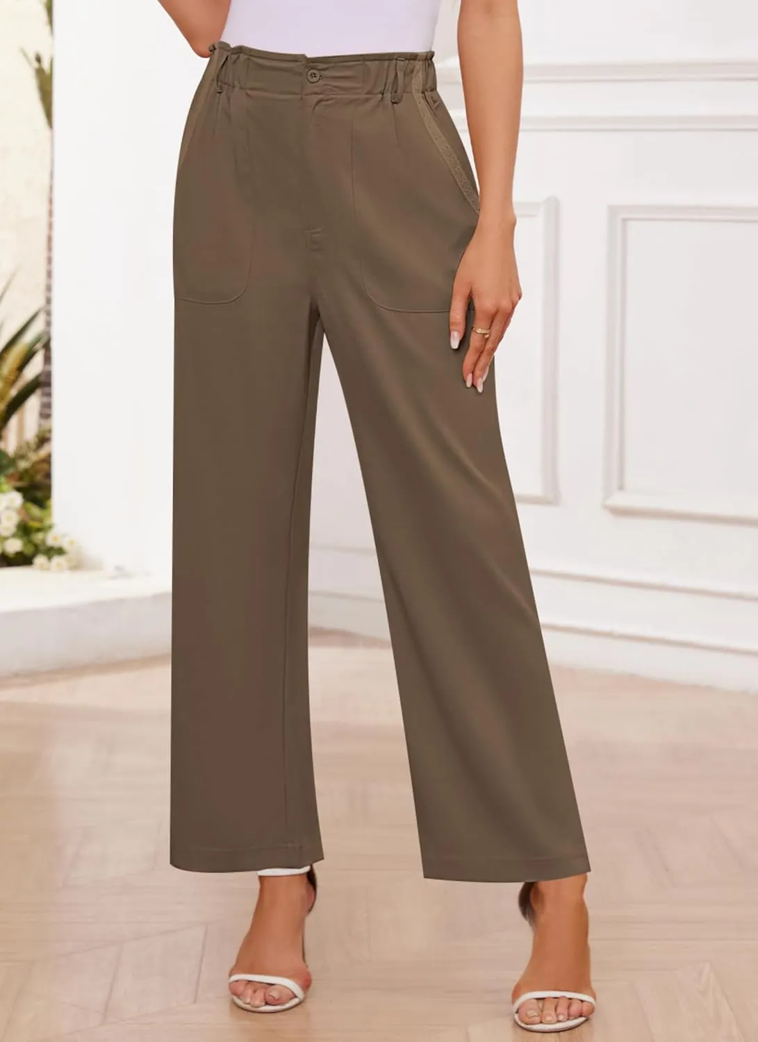 Women's Brown High Waisted Wide Leg Dress Pants - Casual Palazzo Trousers - Medium